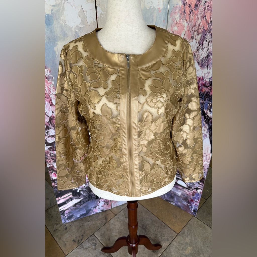 Colleen Lopez  Elegant Gold Floral Mesh Jacket Size L Brand New